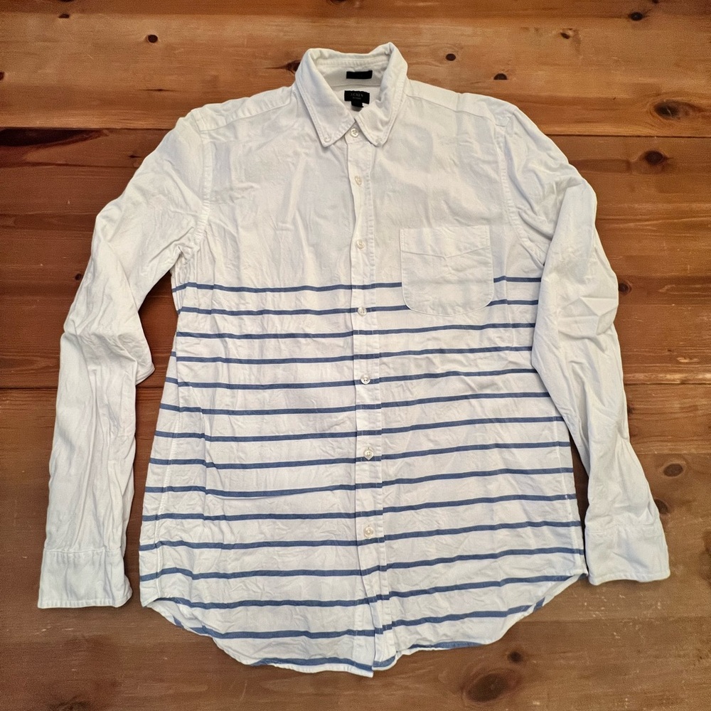 Men’s J Crew White and Blue Striped Oxford Button Collar Shirt size Medium